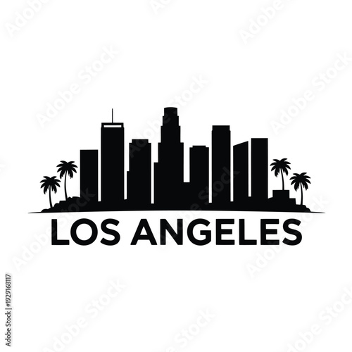 Los angeles skyline silhouette with palm trees and city name text