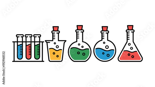 Science Lab Equipment Illustration Featuring Colorful Laboratory Glassware with Test Tubes and Flasks Containing Bright Liquids, Modern Detailed Design.