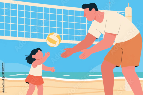 Cartoon illustration of man and child playing beach volleyball, father gently tossing ball toward daughter near net, sunny seaside background with ocean waves and blue sky.