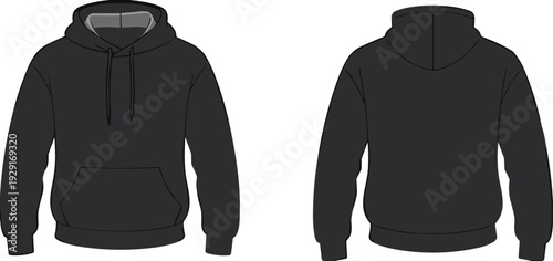 Black hoodie front and back view, casual sweatshirt apparel mockup vector illustration isolated on white background