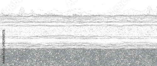 Detailed cross section of stratified geological soil layers with vegetation and sky above earth ground