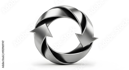 Shiny Silver Metallic Recycling or Refresh Symbol Composed of Three Arrows in a Circular Loop, Isolated on White Background for Environmental Concepts. High quality photo