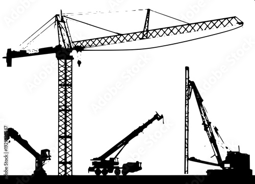High-rise building under construction with crane silhouette, simple black vector illustration, clean geometric lines