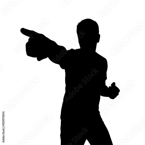 A man silhouette bursts with rage pointing aggressively in furious get out shut up gesture vector