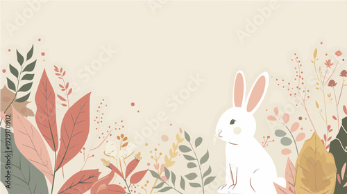 White rabbit hiding in colorful autumn or spring leaves illustration background with top left copy space for seasonal promo posters Thanksgiving or Easter banners