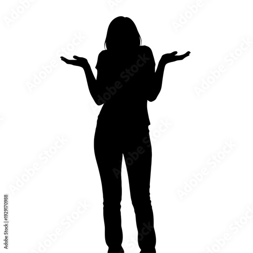 A woman silhouette shrugs shoulders and raises hands in questioning surprise and confusion minimalist black vector
