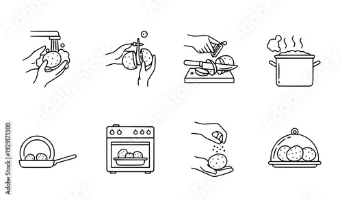 Potato cooking process thin line icon collection EPS 10