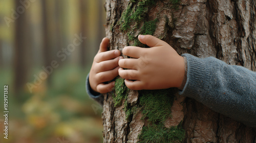 Niño abrazando un árbol