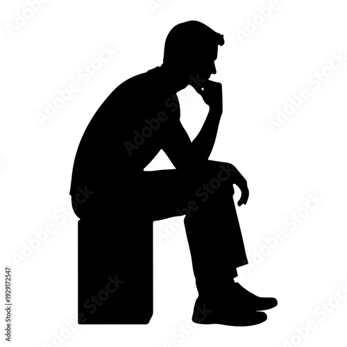 Silhouette of a thinking man sitting on a box. Vector illustration of a pensive male person resting his chin on his hand isolated on white background.

