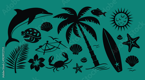 Vibrant collection of tropical beach and summer vacation silhouette icons, featuring majestic palm trees, diverse sea creatures, classic surfboards, radiant sun, and various seashells