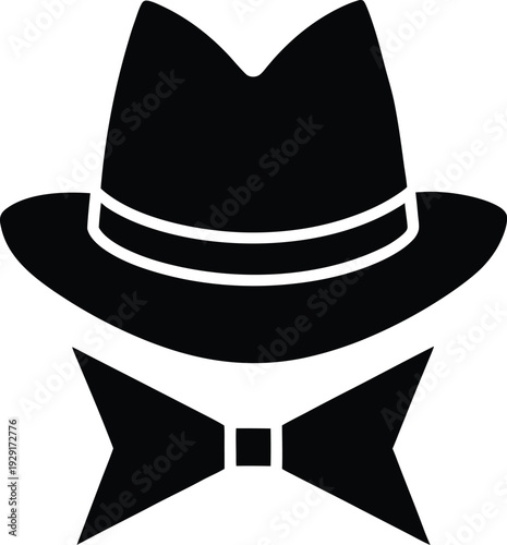 Fedora Hat and Bow Tie Silhouette Icon for Gentleman and Formal Themes