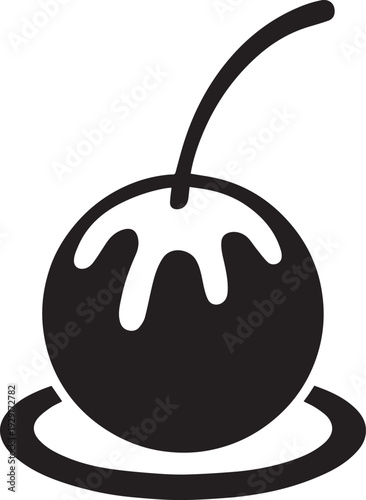 Cherry Dessert Silhouette Icon with Cream Topping on a Plate