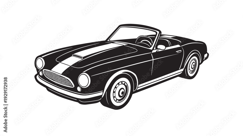 Naklejka premium Car classic convertible roadster in black and white silhouette with racing stripe, vintage sports automobile illustration