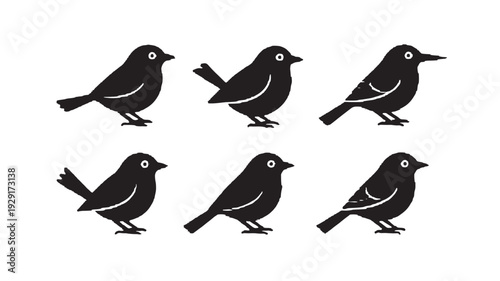 Bird silhouette set with six cute black songbird icons in different poses, simple flat cartoon style isolated on white