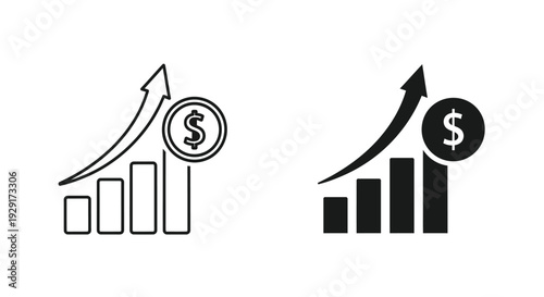 Vector graphic illustration depicting financial growth and increased profit represented by an upward trending bar chart and dollar sign, perfect for business concepts.