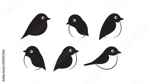Bird silhouettes set with six cute minimalist songbird icons in black, simple flat vector shapes for logo and design