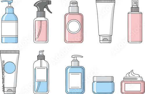 Cosmetic and skincare product packaging icon set featuring bottles with pumps sprayers tubes and cream jars in flat line art style for beauty and hygiene branding