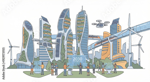Futuristic smart city 2030 concept flat vector illustration with eco-friendly buildings, flying cars, and people using holographic AI interfaces