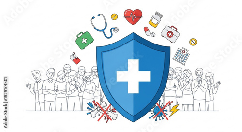 Medical shield with cross surrounded by healthcare symbols and diverse medical professionals in background