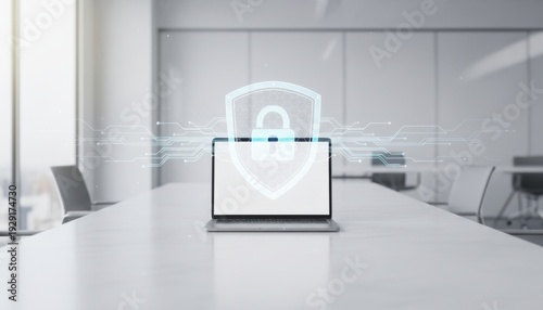 Close up of office desktop with laptop and padlock hologram. Security concept. 3D Rendering