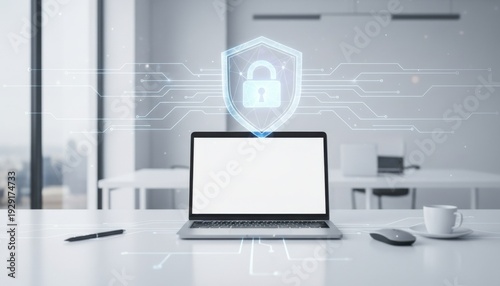 Close up of office desktop with laptop and padlock hologram. Security concept. 3D Rendering