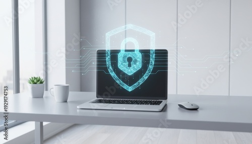 Close up of office desktop with laptop and padlock hologram. Security concept. 3D Rendering