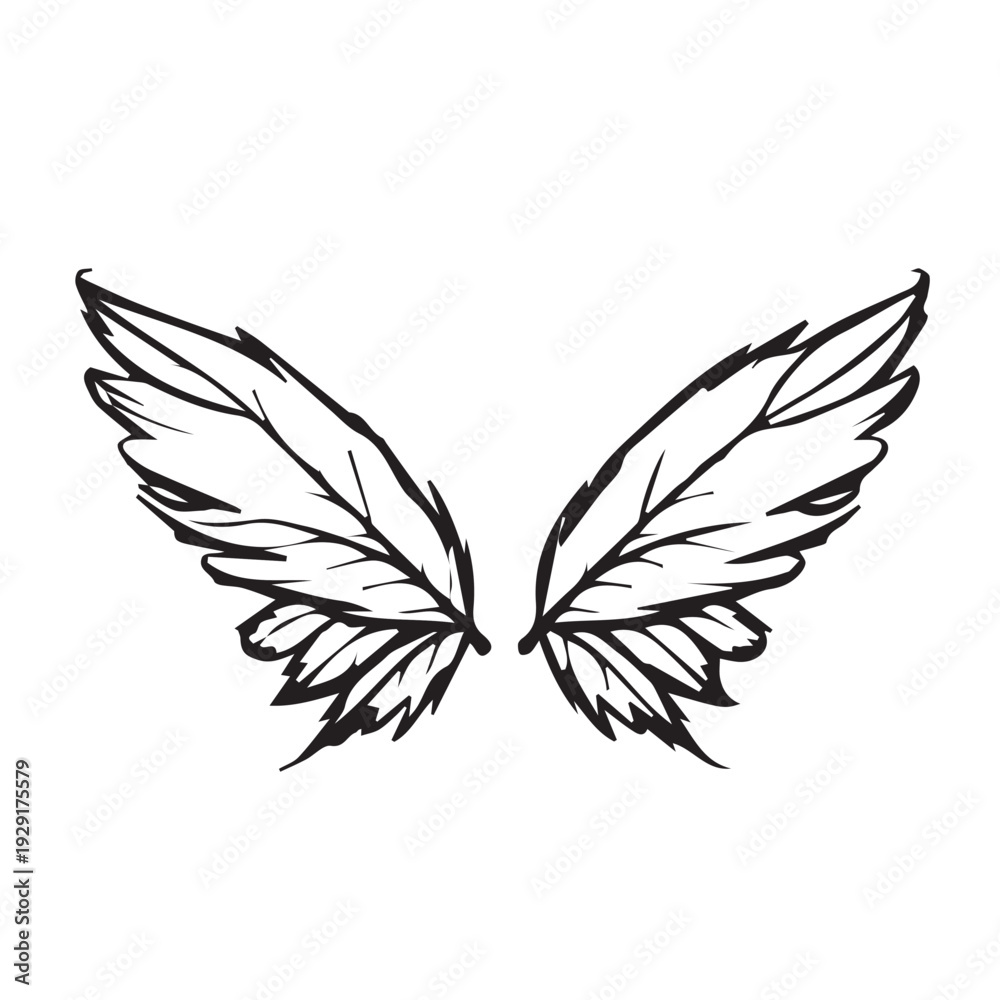 Obraz premium Handdrawn vector sketch of two angel wings, detailed with flowing feathers and artistic lines, perfect for tattoo design with symbolic meaning.