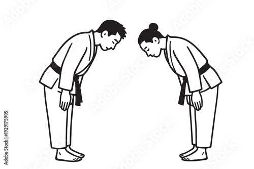 Vector illustration of two karate athletes facing each other and bowing before the match, showing respect, discipline, and true sportsmanship spirit.