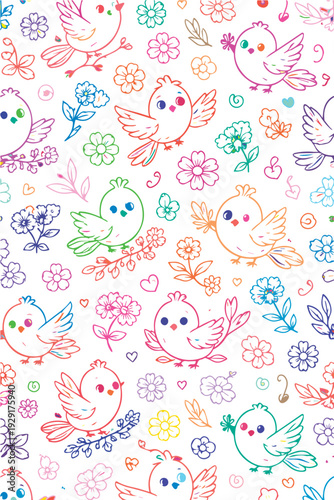 Cute colorful vector background pattern filled with birds, blooming flowers, and love icons, featuring playful shapes and bright cheerful tones.