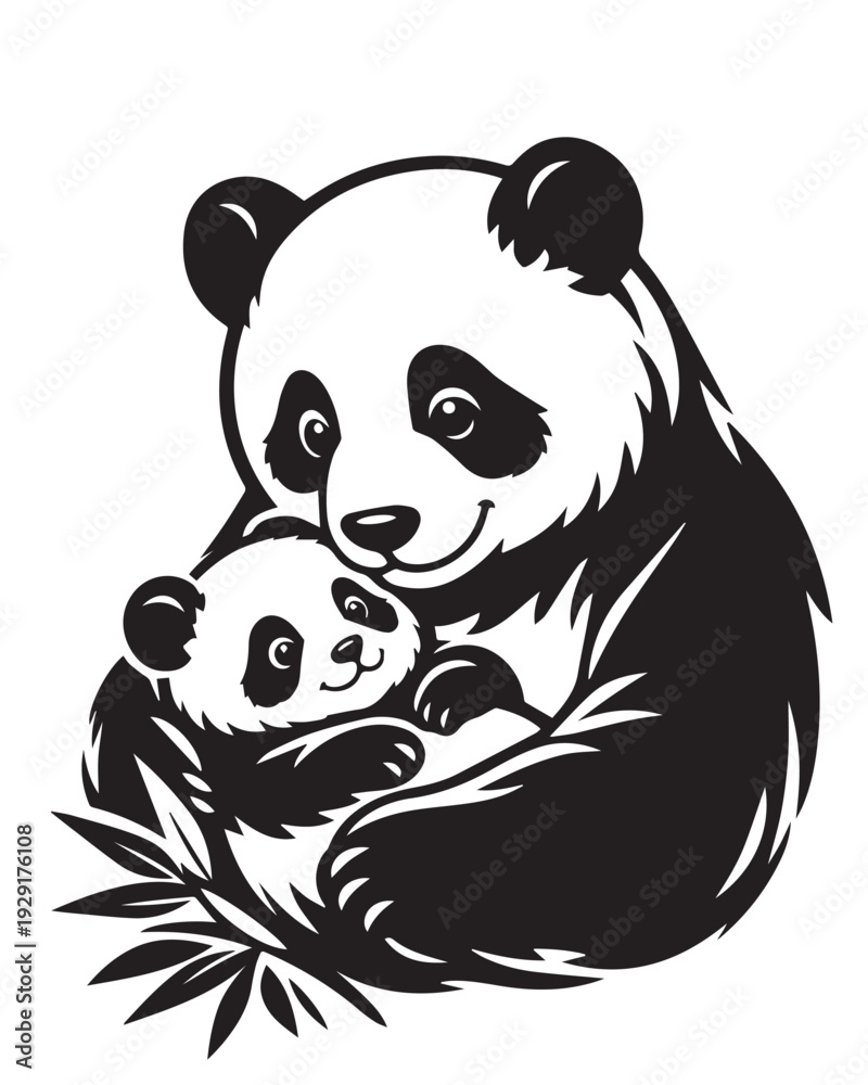 Obraz premium Cute vector illustration of a mother panda gently holding her baby, showing warmth, affection, and tender love in a soft playful cartoon style.