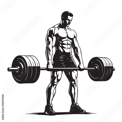 Strong male athlete lifting a heavy barbell in a clean vector style, capturing gym intensity, power, focus, and athletic determination.