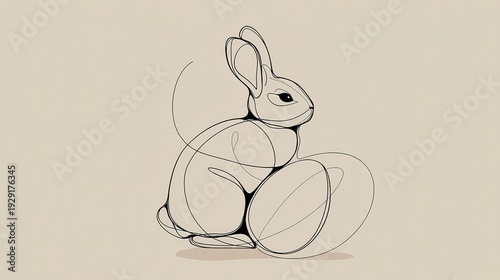 One Line Art of Flowing Intertwined Bunny and Easter Egg, Minimalist Black Monochrome Line Art, Neutral Background Elegant Holiday Design
