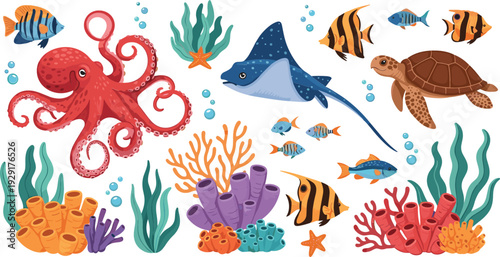 Underwater Sea Life Vector Illustration Set with Octopus, Tropical Fish, Sea Turtle, Stingray, Coral Reef and Ocean Plants