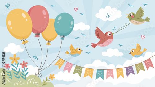Whimsical birds celebrate joyful outdoor party with colorful balloons