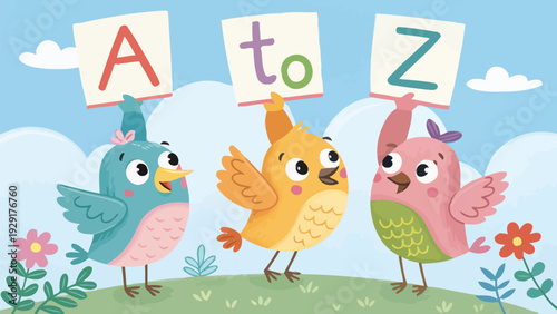 Three colorful birds holding alphabet letters in playful outdoor scene