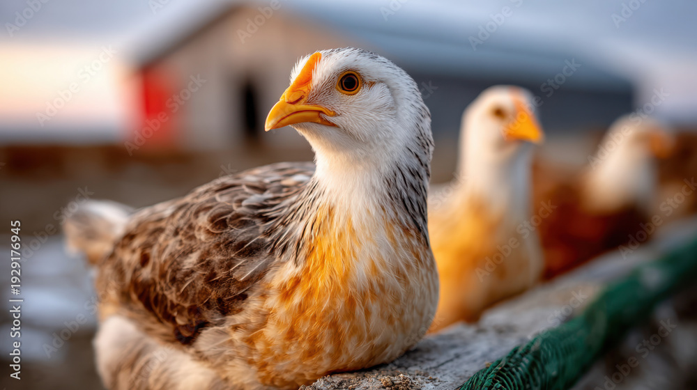 Obraz premium Close up chicken on snowy poultry farm with barn and coop in background for avian influenza prevention campaign, biosecurity awareness and agricultural safety marketing.