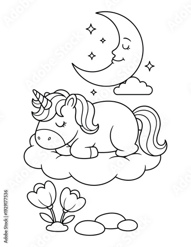 Unicorn coloring page with sleeping cute cartoon character on cloud