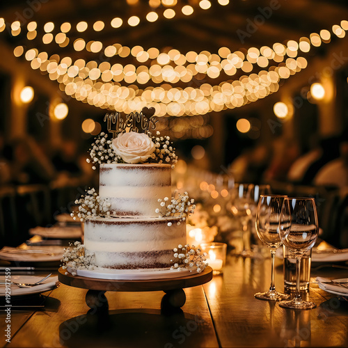 Wedding reception table with semi-naked three-tier cake and string lights
