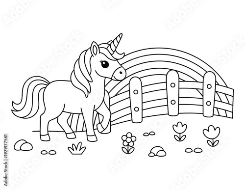  Unicorn coloring page with rainbow bridge and cute cartoon outline style