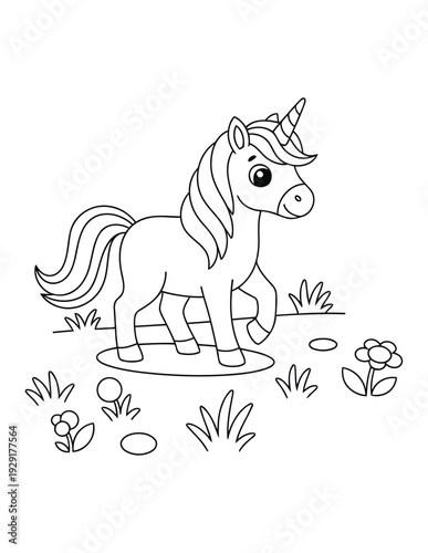  Unicorn coloring page with cute cartoon character in simple meadow scene