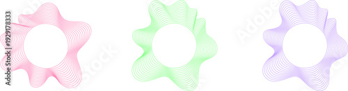 Three vibrant, abstract geometric shapes with intricate patterns in pink, green, and purple.