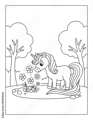 Unicorn coloring page with cute magical pony smelling flowers in park