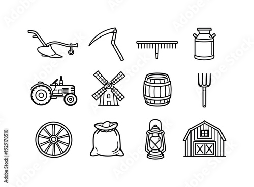 antique farming equipment theme. Line outline icon set of antique farming equipment theme: plow, scythe, hay