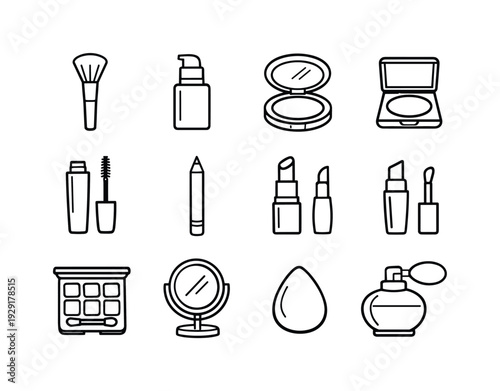 spring makeup routine flat. Line outline icon set of spring makeup routine flat: makeup brush, foundation