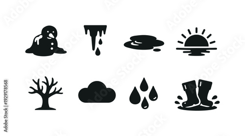 The thaw is over. Filled icon set of The thaw is over: melting snowman, dripping icicle, puddle, rising sun,