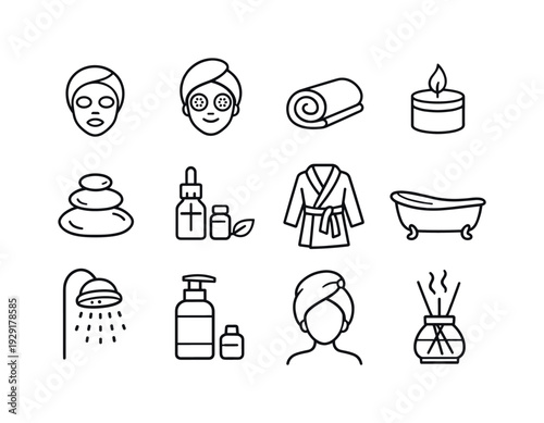 spa day self care flat. Line outline icon set of spa day self care flat: face mask, cucumber slices on eyes,