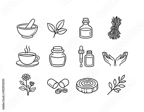 herbal medicine collage. Line outline icon set of herbal medicine collage: mortar and pestle, herbal leaves,