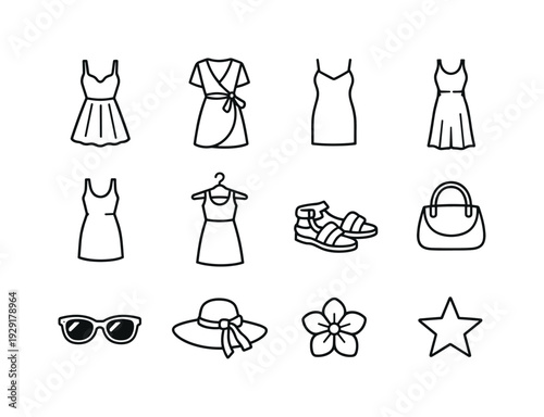 summer dress collection outline set. Line outline icon set of summer dress collection outline set: sundress,