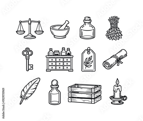 apothecary vintage theme. Line outline icon set of apothecary vintage theme: antique scale, mortar and pestle,
