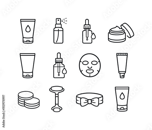daily skincare steps spring. Line outline icon set of daily skincare steps spring: cleansing gel, toner spray,